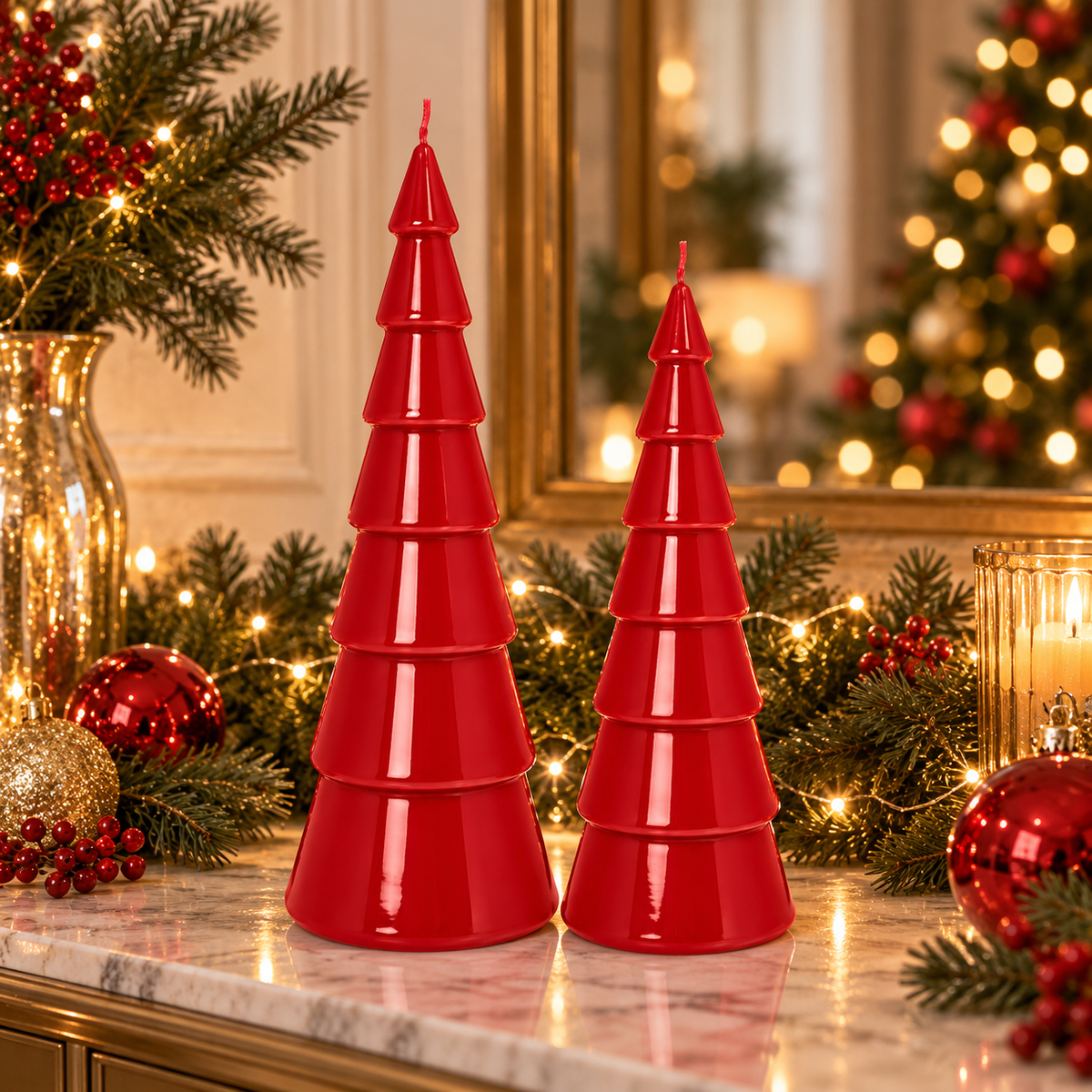 Due candele Albero di Natale Ceralacca rosso laccato, alte 22 e 27 cm, ambientate con rami di abete, palline decorative e luci natalizie.