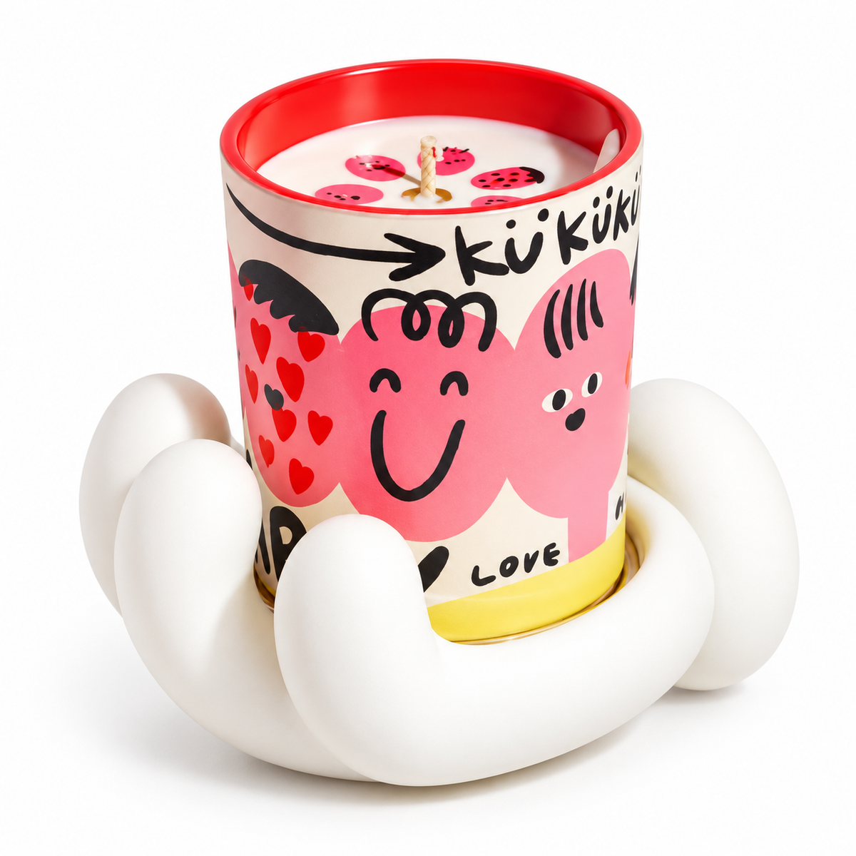 Candela profumata Mood da 200 g con illustrazioni rosa e rosse, inserita nel supporto bianco a forma di mano, su sfondo bianco.