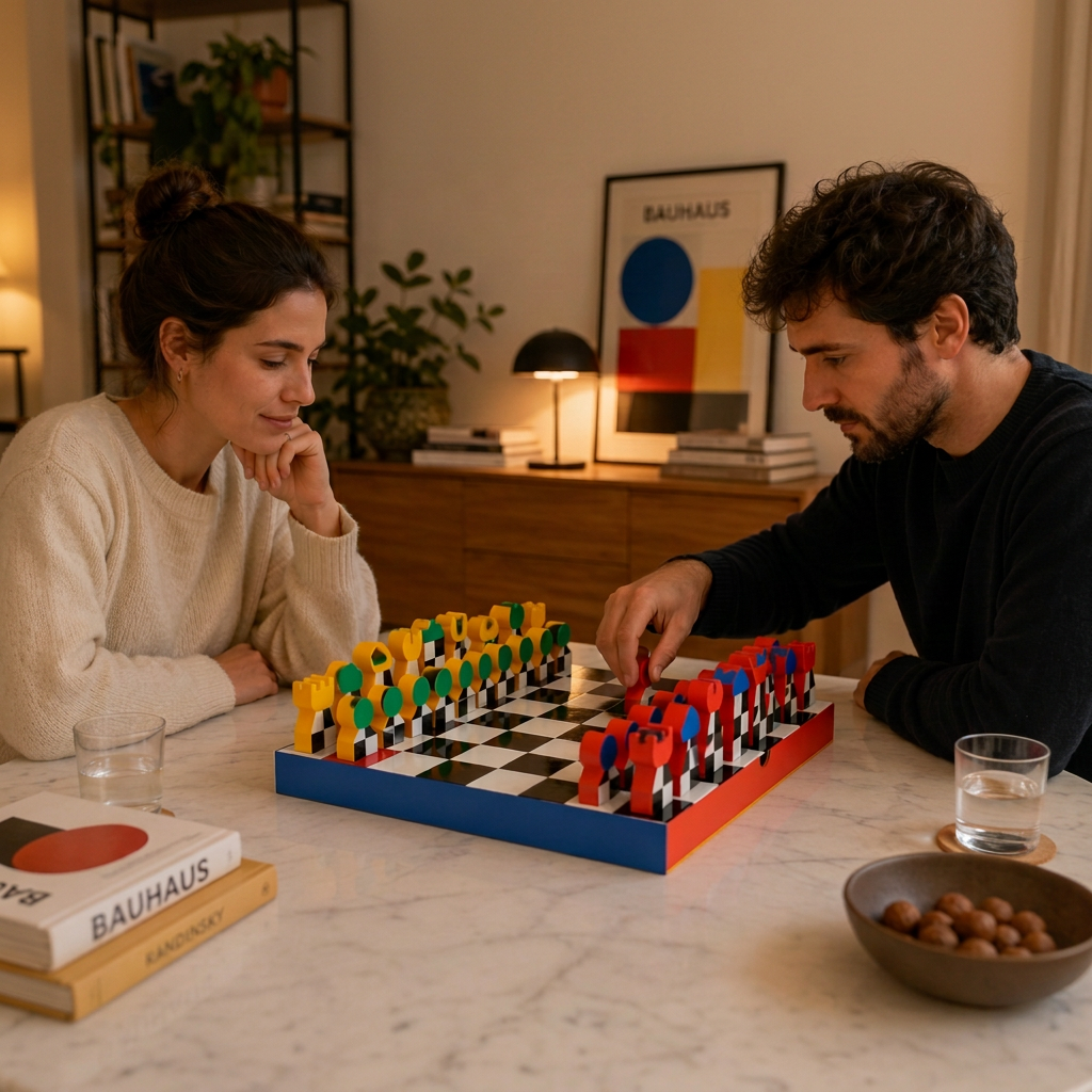 Due persone giocano con gli scacchi Hey Chess Balvi colorati su un tavolo, in un soggiorno moderno e accogliente.