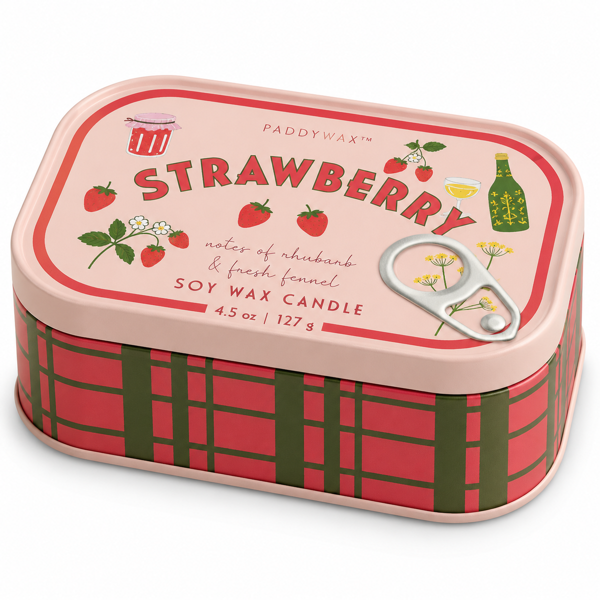 Candela profumata Paddywax Strawberry da 127 g in lattina rosa con motivo a quadri verdi, decorazioni di fragole e coperchio, su fondo bianco.