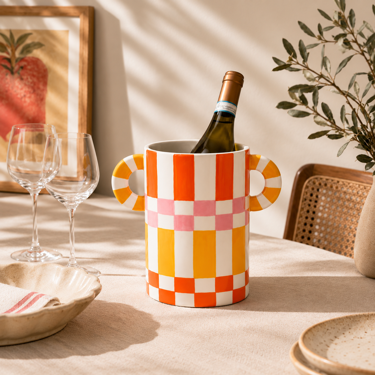 Cestello per vino Ricardo Qué Rico in ceramica colorata, utilizzato come portabottiglie su una tavola elegante, accanto a due calici da vino.