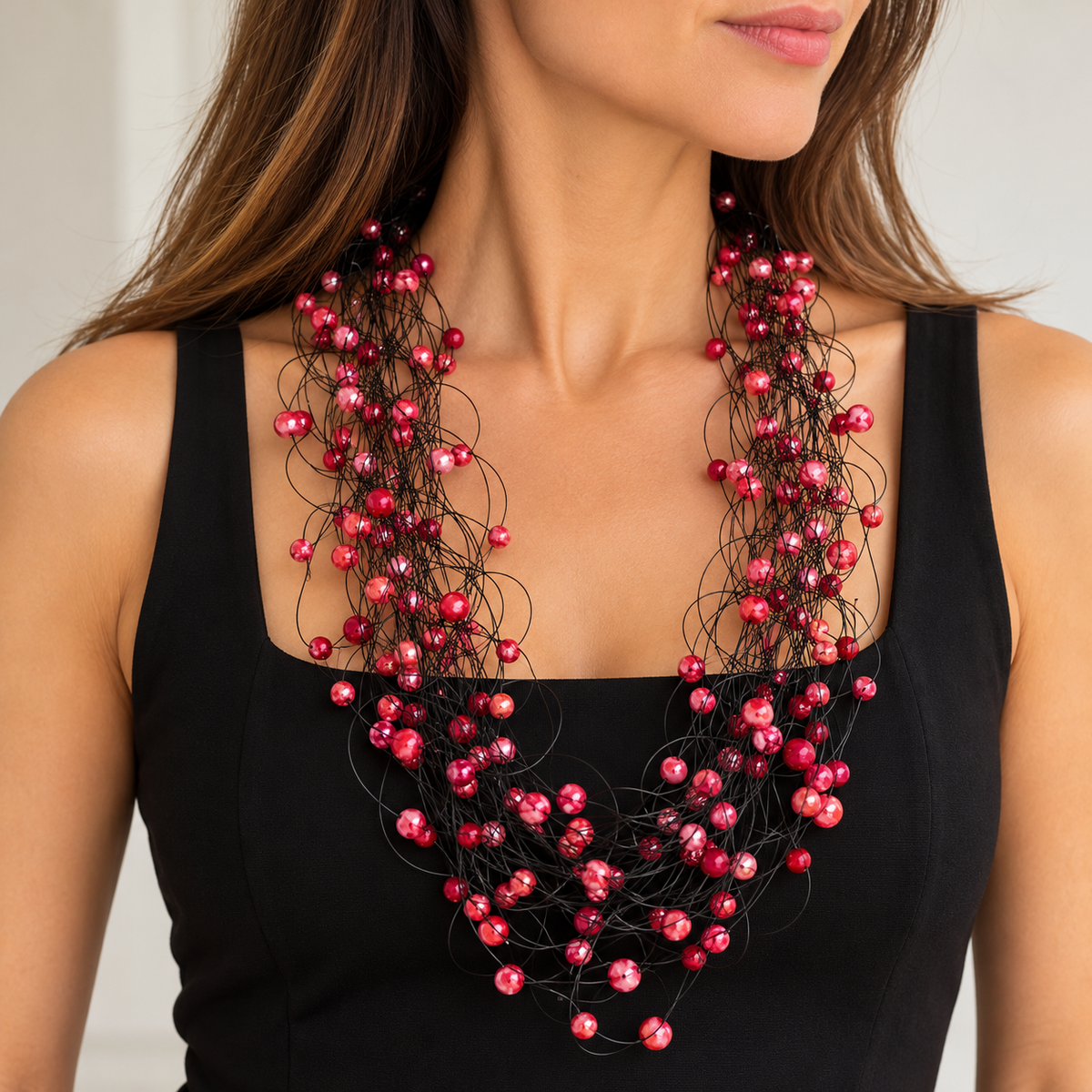 Collana Nube Cristalli rossa indossata su abito nero, con cascata di cristalli rossi e fili di nylon nero.