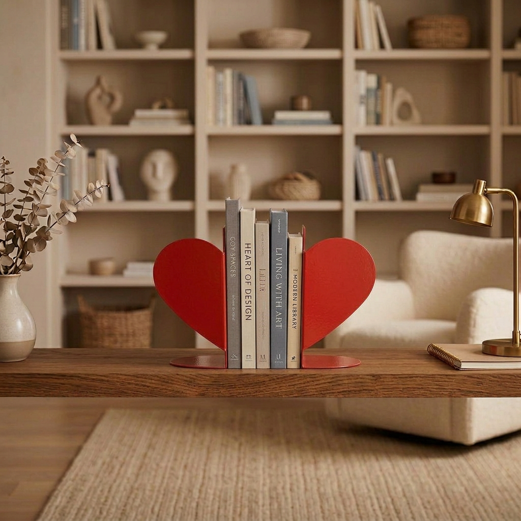 Fermalibri Love Balvi in metallo rosso che sostengono una fila di libri su un mobile in legno, in un soggiorno moderno.