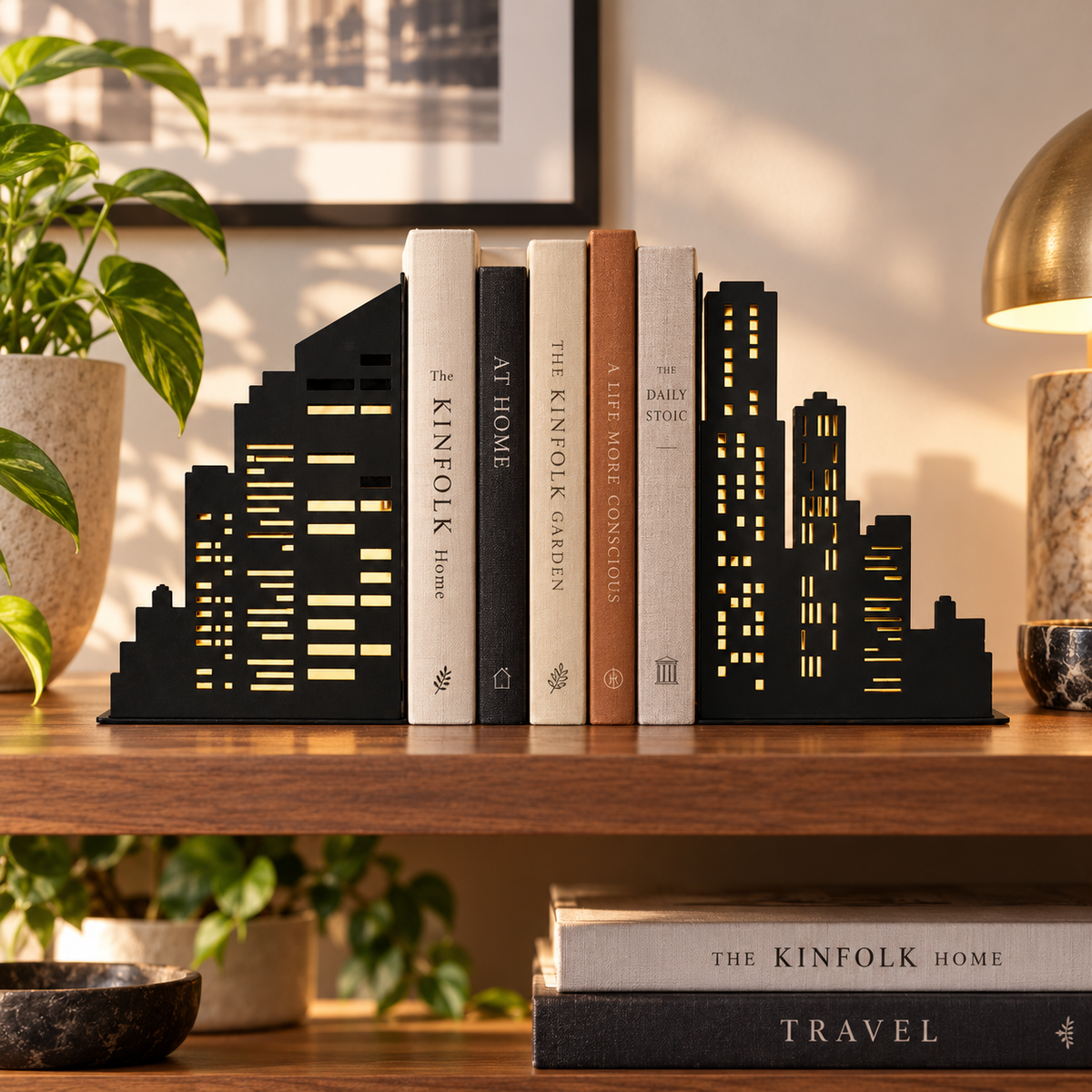 Fermalibri Skyline Balvi con luci a batteria e finestre illuminate, utilizzati per sostenere libri su una mensola in legno in un ambiente moderno.