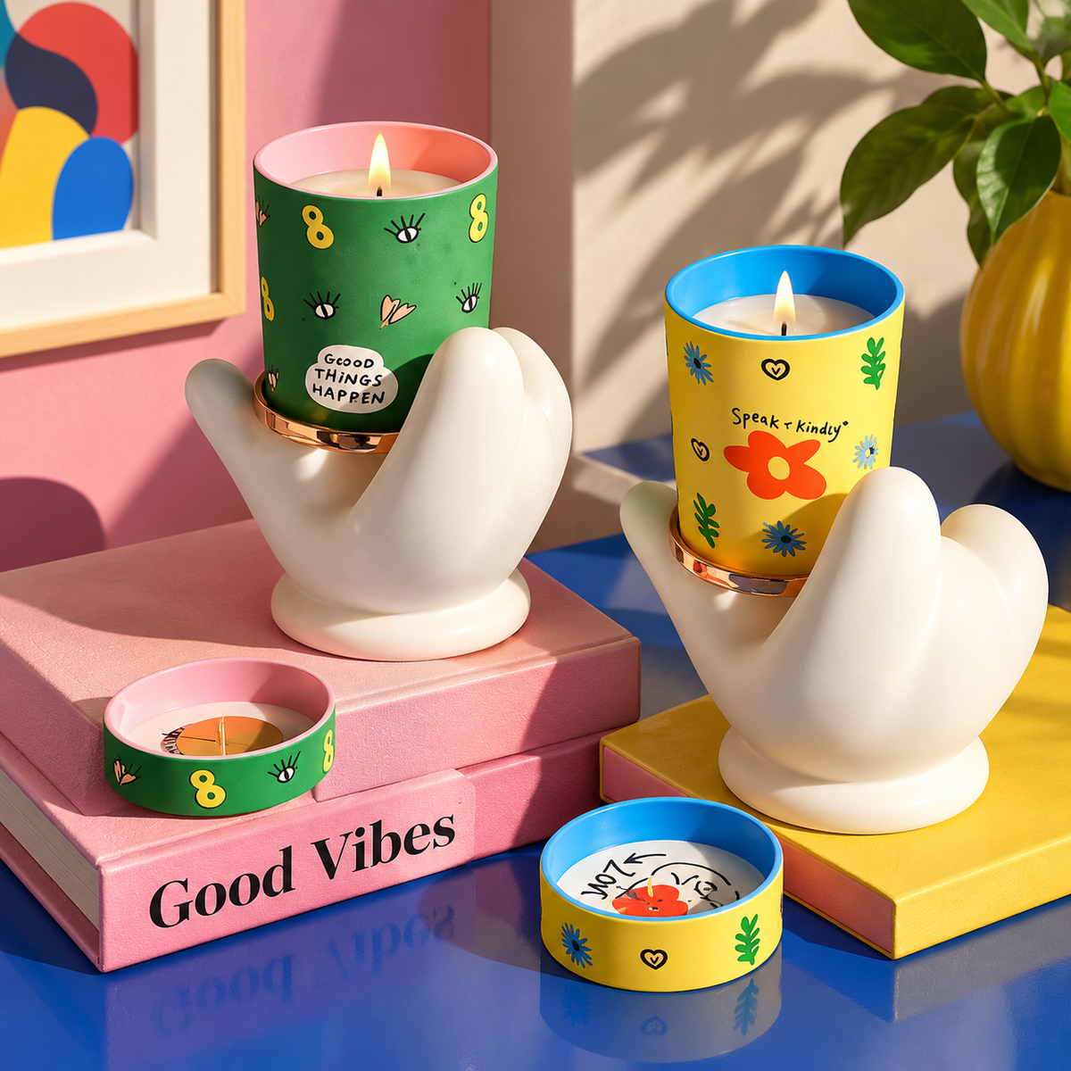 Candele profumate Aha! delle Collection 01 e 02 con mani decorative bianche in un ambiente colorato dal design contemporaneo