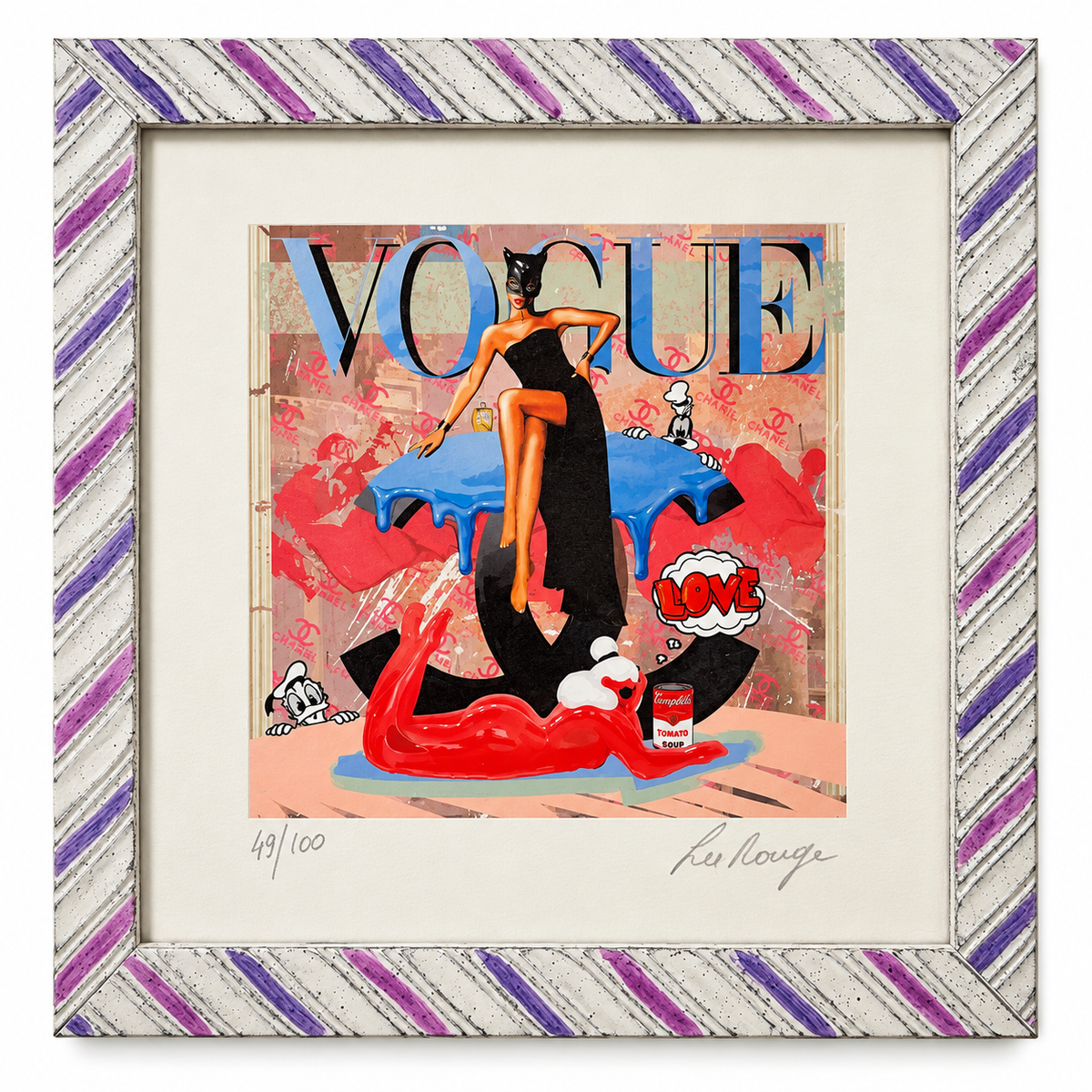 Serigrafia Vogue Pop Art di La Rouge, edizione 49/100, con cornice bianca decorata a righe viola e rosa, su fondo bianco.