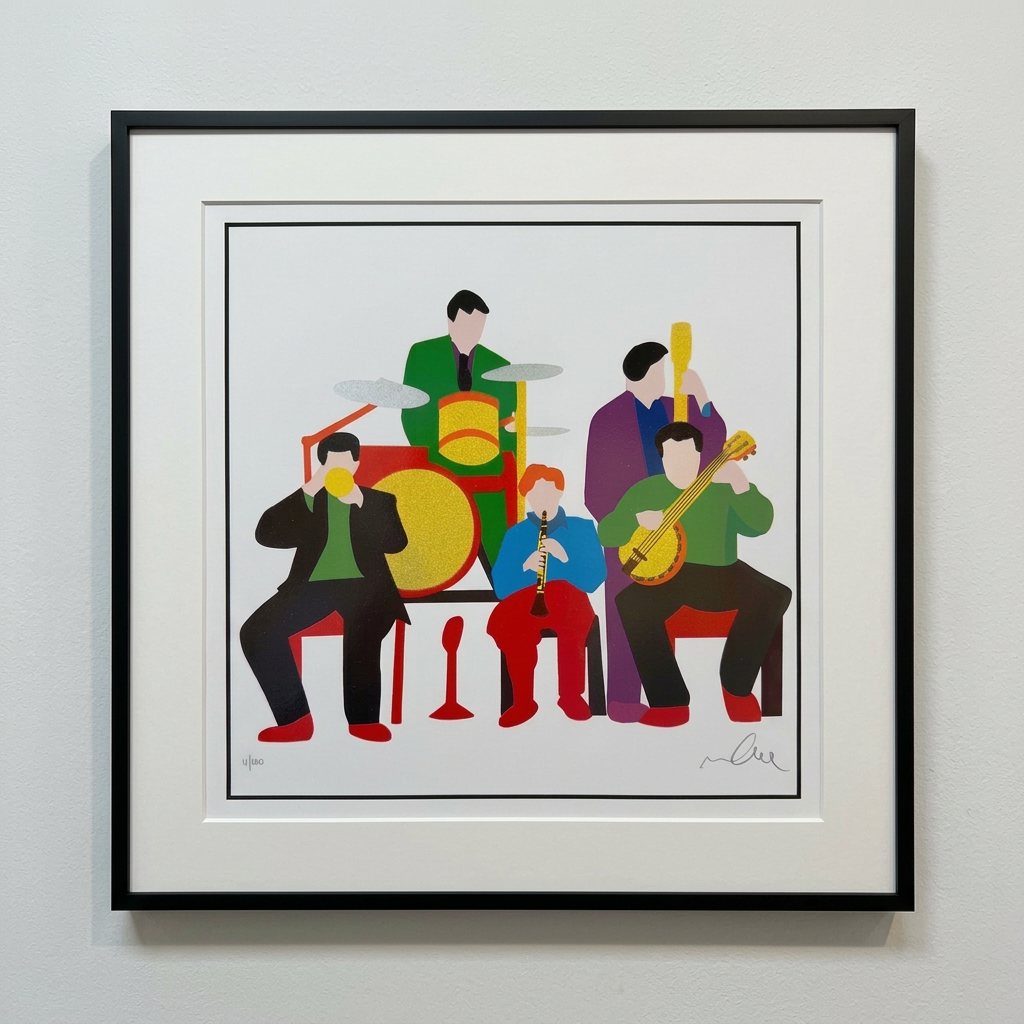 Serigrafia Woody's Symphony di Marco Lodola presentata con cornice nera e passe-partout chiaro.