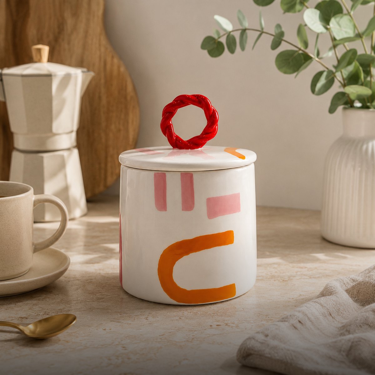 Candela in ceramica decorata su un tavolo apparecchiato