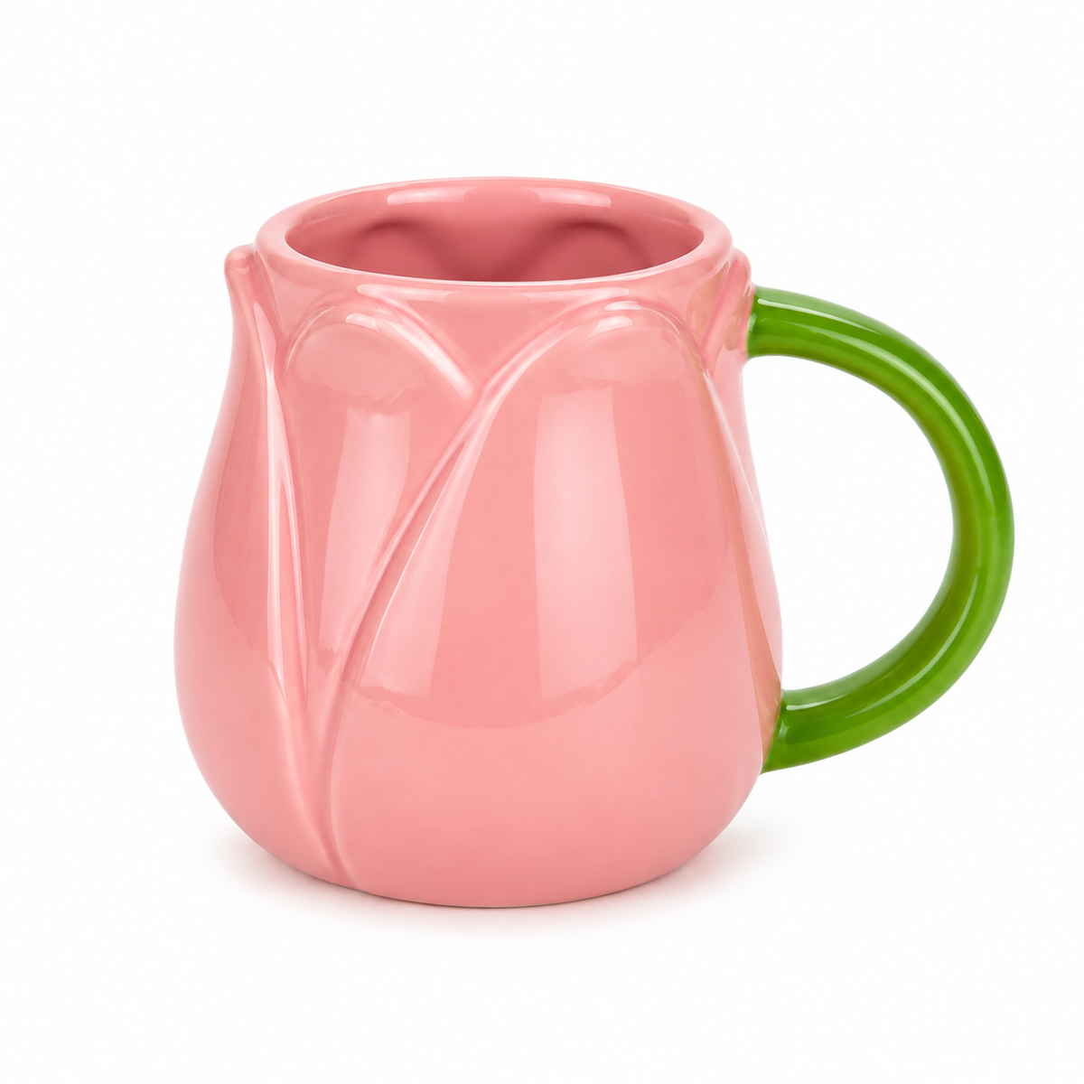 Mug Tulip Balvi rosa in ceramica smaltata lucida, con petali di tulipano in rilievo e manico verde, su fondo bianco.