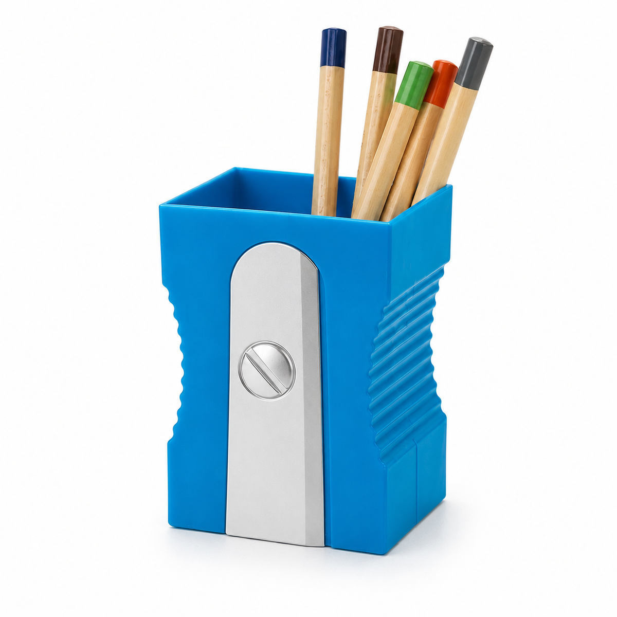 Portapenne Temperamatite Balvi blu, accessorio originale per organizzare penne e matite, su fondo bianco.