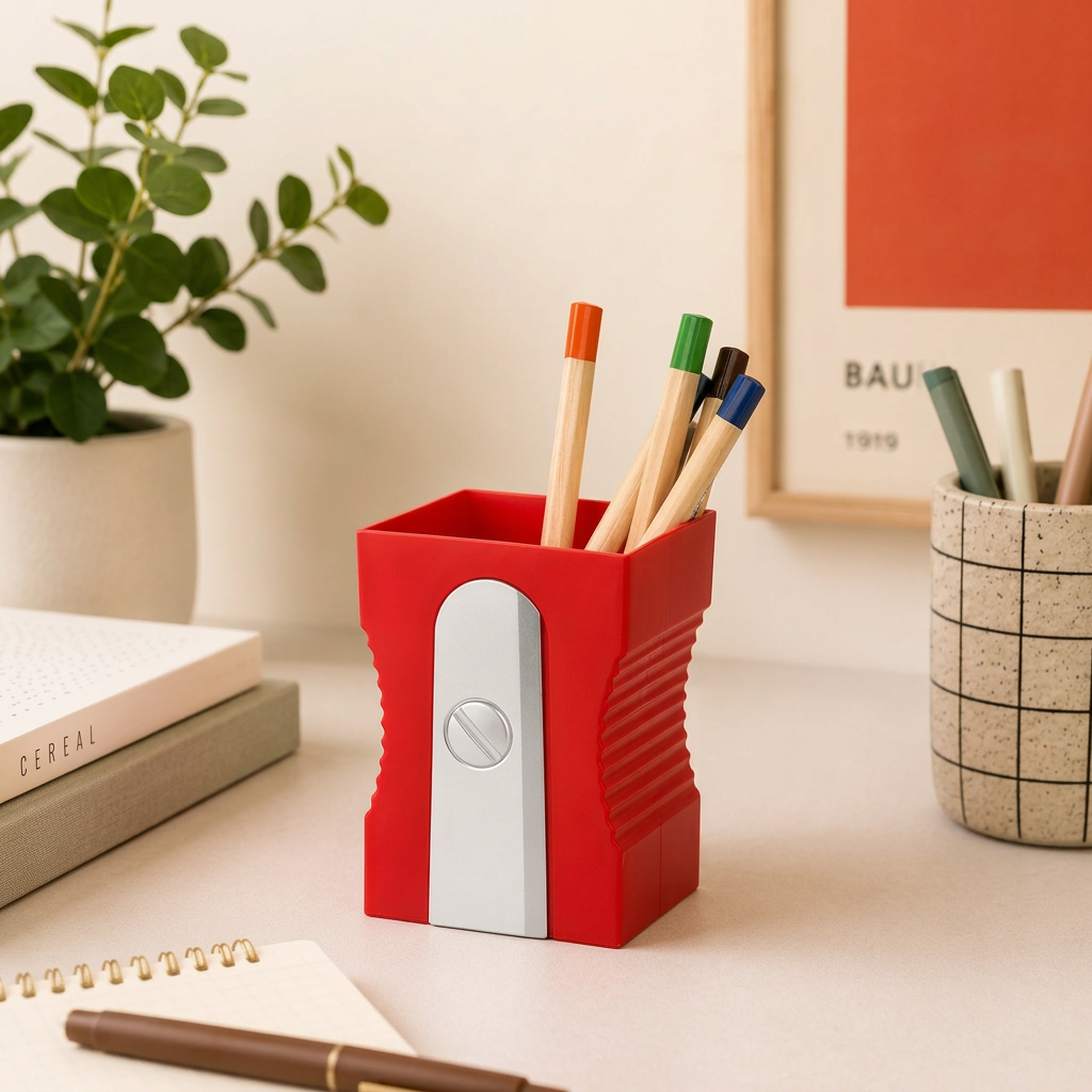 Portapenne Temperamatite Balvi rosso con matite, ambientato su una scrivania accanto a libri e accessori.