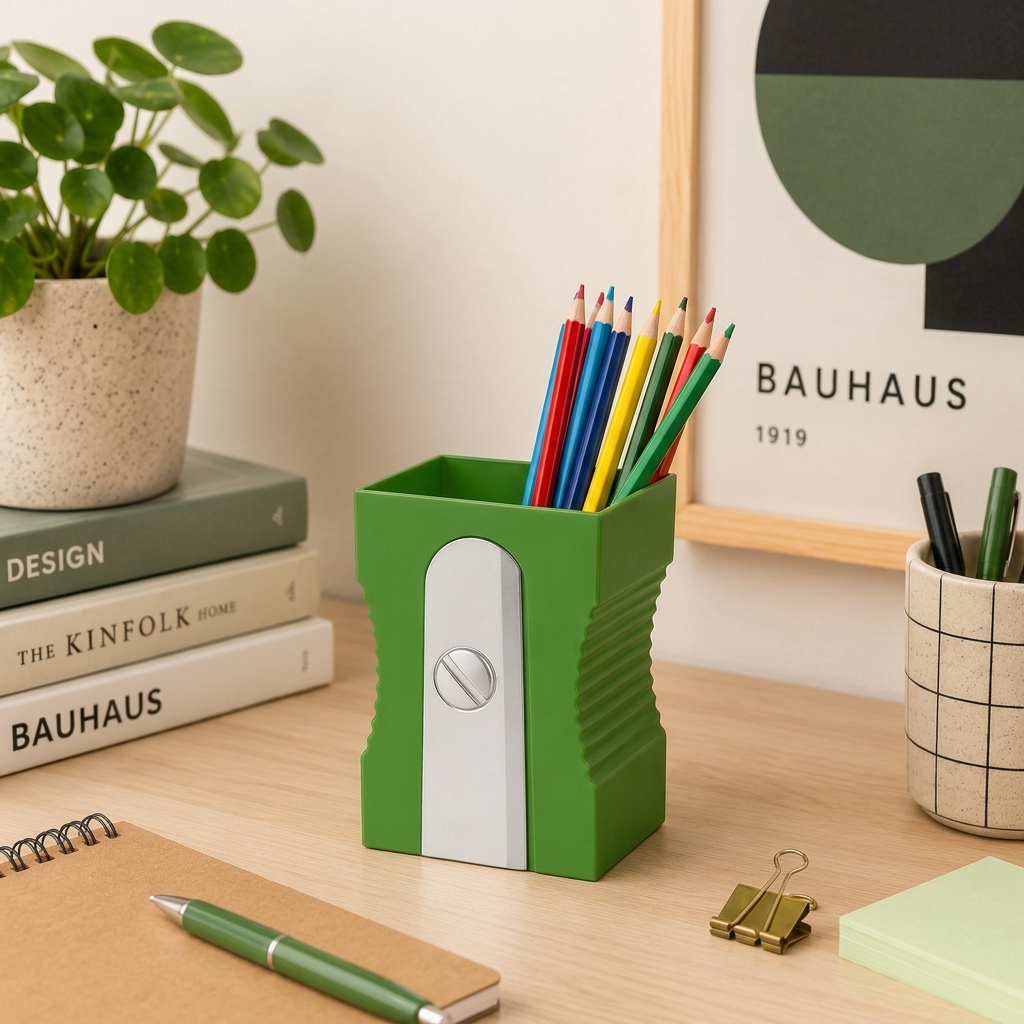 Portapenne Temperamatite Balvi verde con matite, ambientato su una scrivania con libri e pianta decorativa.