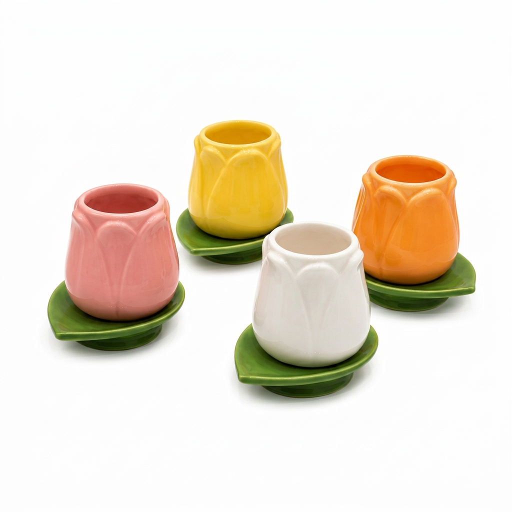 Set di 4 tazzine da caffè Tulip Balvi a forma di bocciolo, nei colori rosa, giallo, bianco e arancione, con piattini verdi a foglia, su fondo bianco.