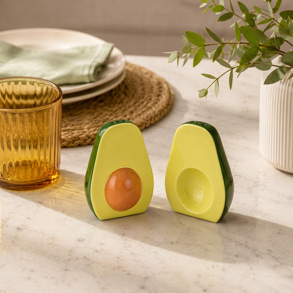 Saliera e pepiera Avocado Balvi in porcellana colorata, ambientate su una tavola chiara accanto a piatti, bicchiere e decorazioni naturali.