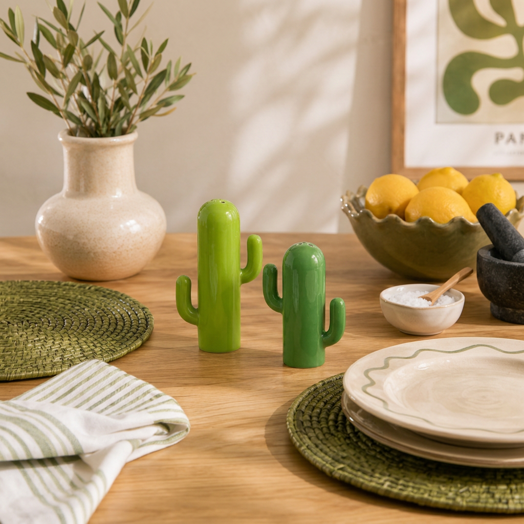 Set saliera e pepiera Cactus Balvi in porcellana verde, ambientato su una tavola apparecchiata con piatti, tovagliolo e decorazioni naturali.
