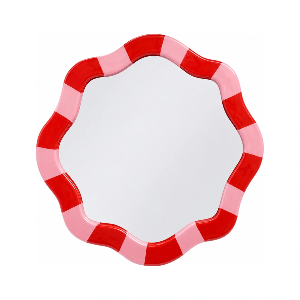 Specchio Marta Qué Rico con cornice ondulata a fasce alternate rosse e rosa, dimensioni 35 × 35 cm, su fondo bianco.