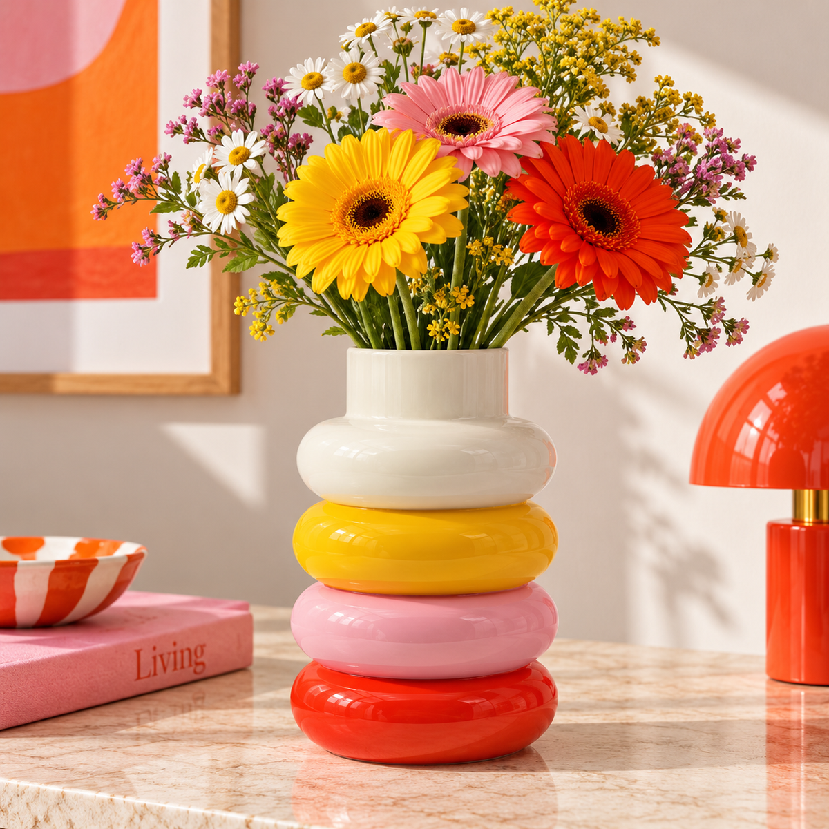 Vaso Cucho Amor del Color Qué Rico con fiori gialli, rosa e arancioni, ambientato su una superficie in pietra chiara in un interno contemporaneo.