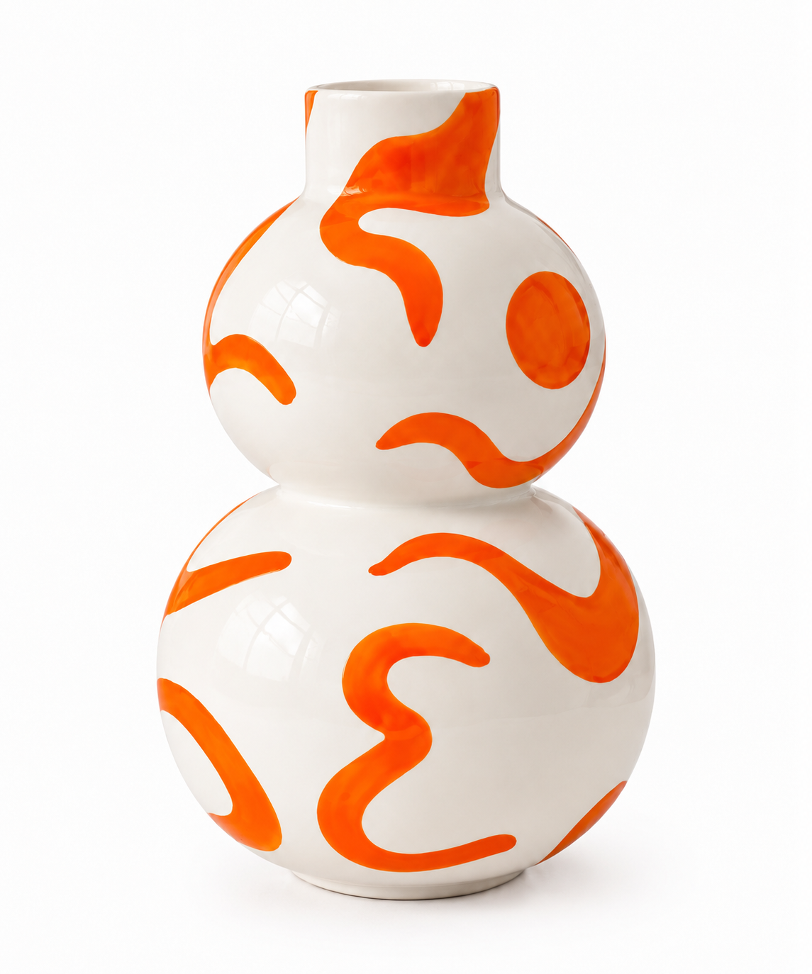 Vaso Isla Sol y Sombra Qué Rico in ceramica bianca lucida con decorazioni arancioni e due volumi arrotondati, su fondo bianco.