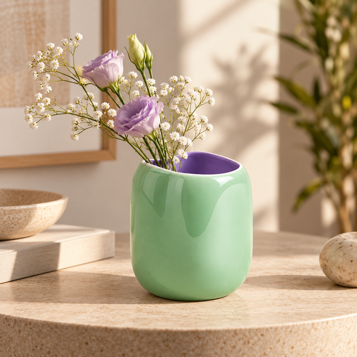 Vaso João S Motel a Miio verde menta con interno viola, con fiori lilla e bianchi, ambientato su un tavolino in pietra chiara.