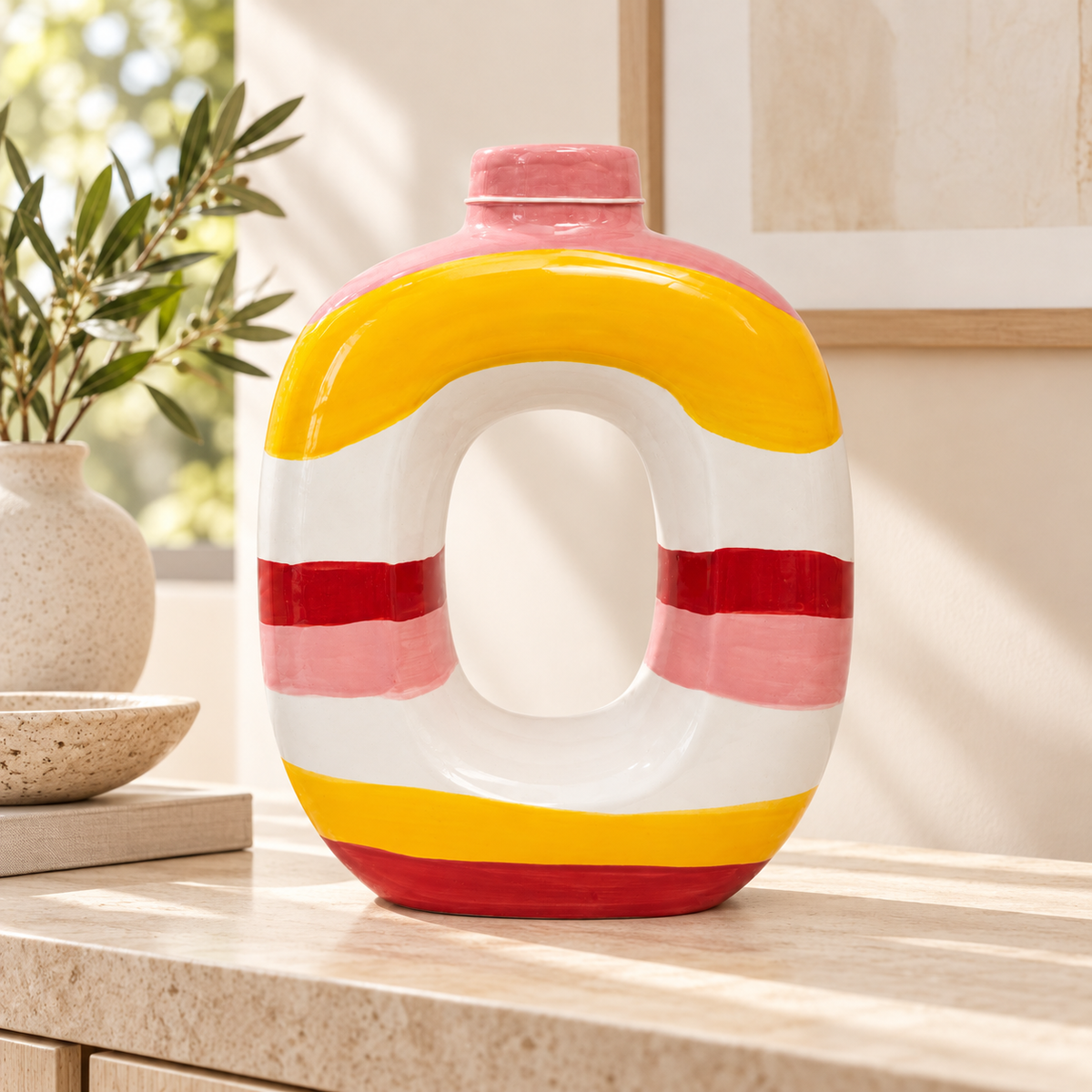 Vaso Joaquín Amor del Color Qué Rico in ceramica dipinta a mano, con fasce gialle, rosa, rosse e bianche.