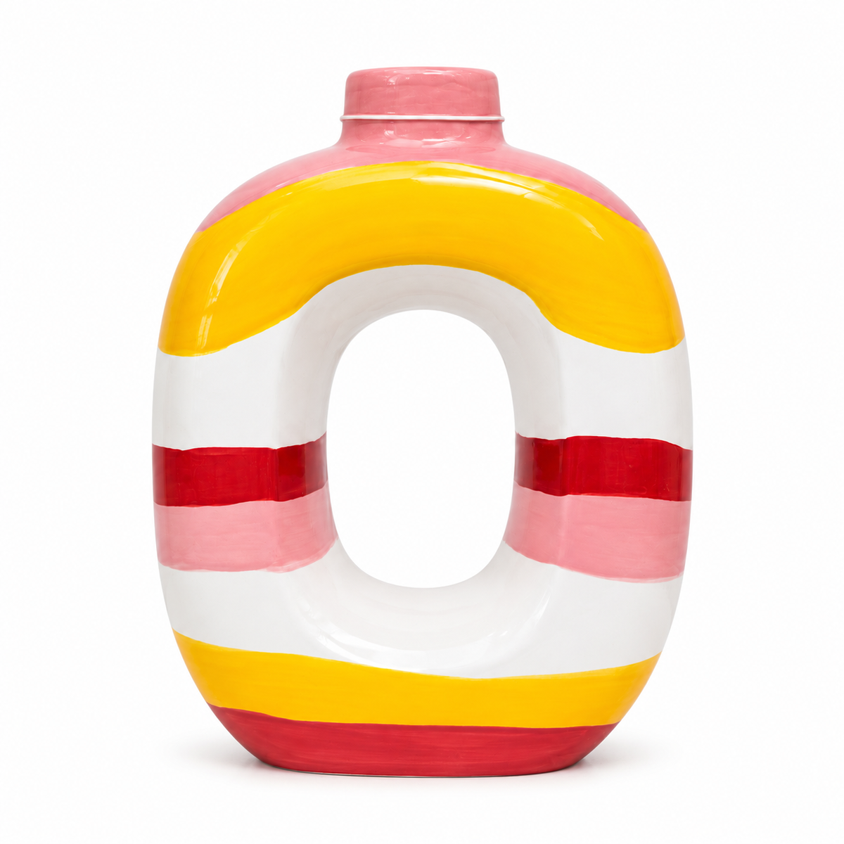 Vaso Joaquín Amor del Color Que Rico in ceramica dipinta a mano, con fasce gialle, rosa, rosse e bianche.