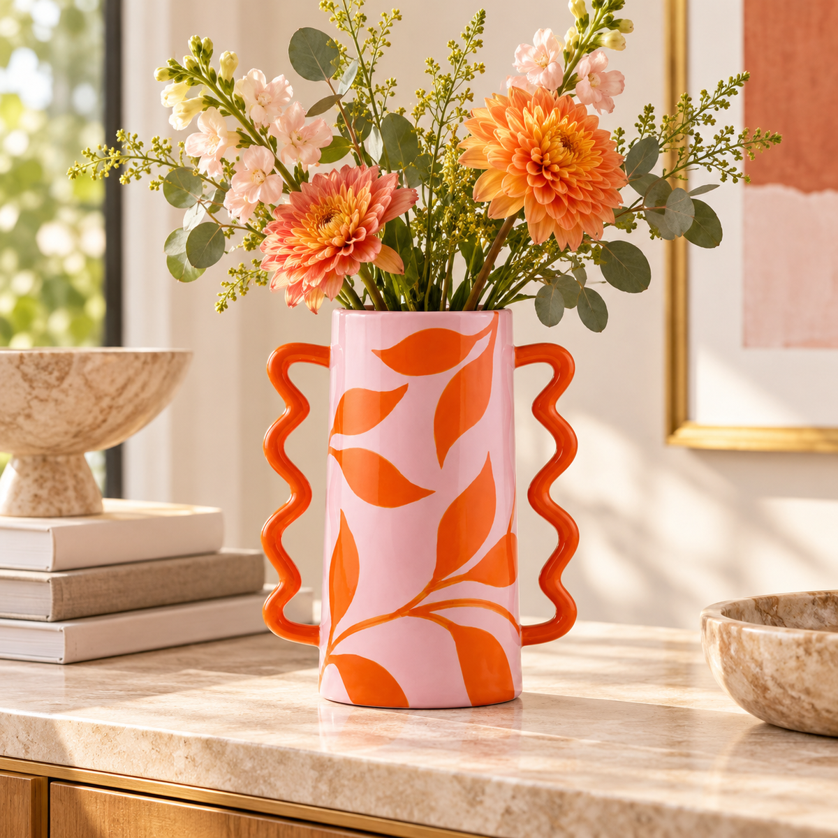 Vaso Rodrigo Fuego Floral Qué Rico rosa e arancione con bouquet di fiori sui toni pesca e arancione, ambientato su una consolle in pietra chiara.