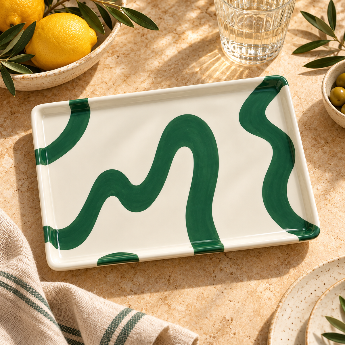 Vassoio Alejandro Qué Rico con decorazione a onde verdi, ambientato su un piano in pietra chiara con limoni, bicchiere e accessori naturali.
