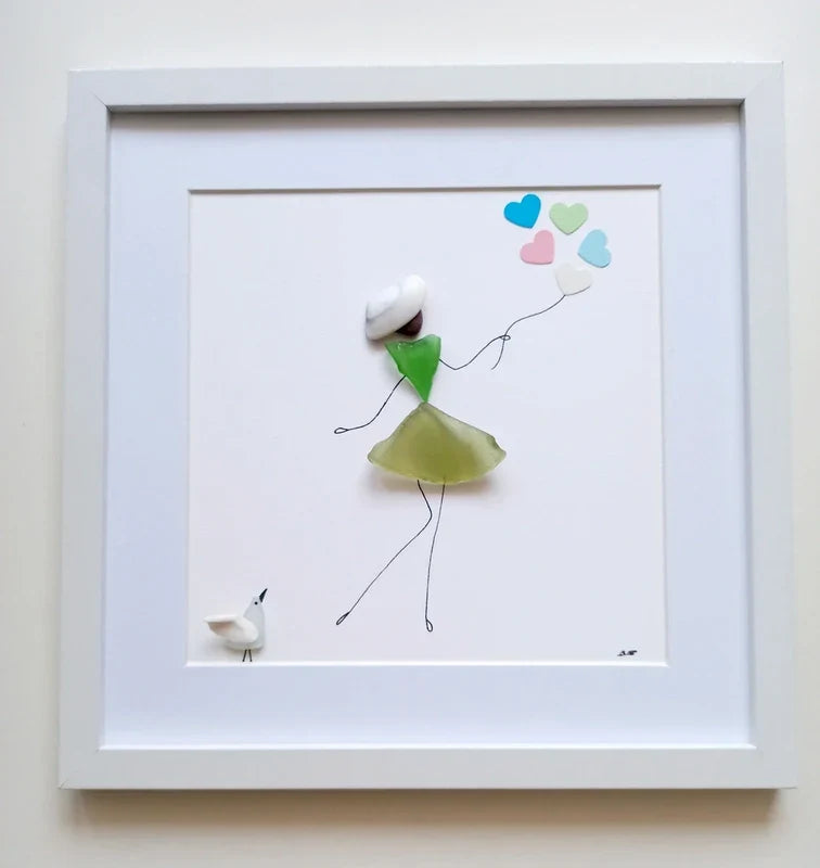 Quadro in vetro di mare bambina e palloncini a cuore, 22x22 cm, vista laterale