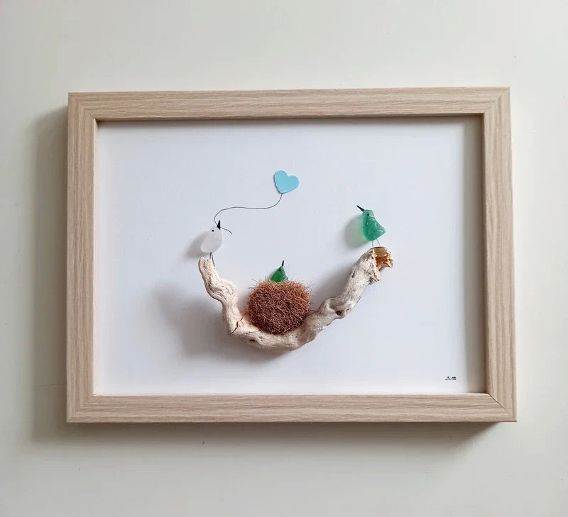 Quadro in vetro di mare nido e uccellini, 13x18 cm, vista laterale