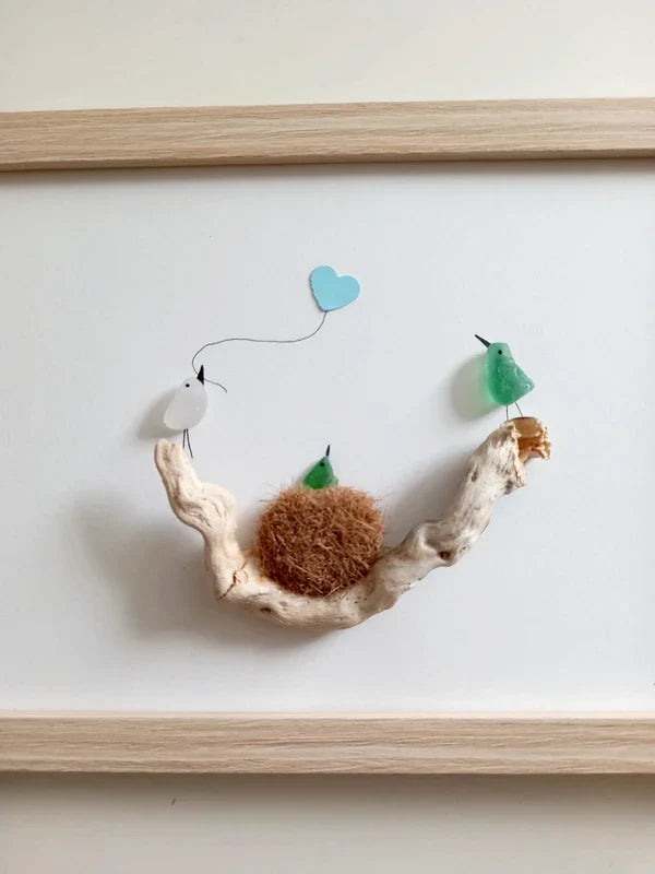 Quadro in vetro di mare nido e uccellini, 13x18 cm, opera di Benedicte Jason