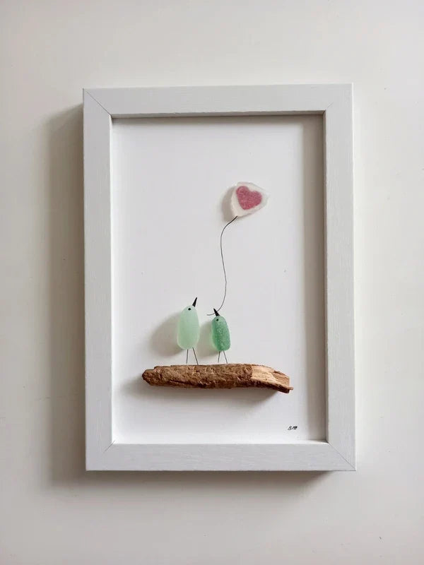 Quadro in vetro di mare due uccellini e cuore, 13x18 cm, vista laterale