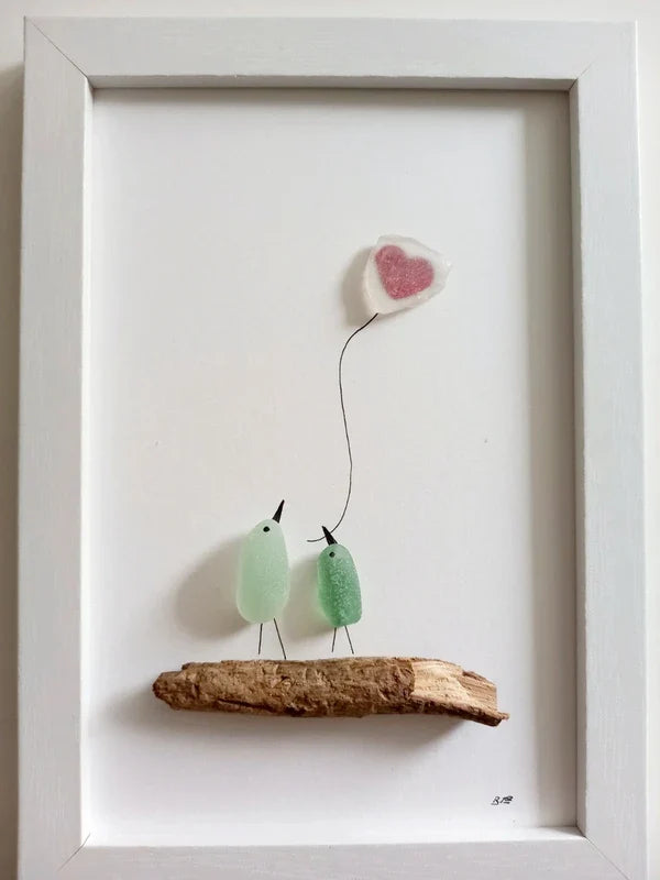 Quadro in vetro di mare due uccellini e cuore, 13x18 cm, opera di Benedicte Jason