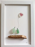 Quadro in vetro di mare due uccellini e cuore, 13x18 cm, opera di Benedicte Jason