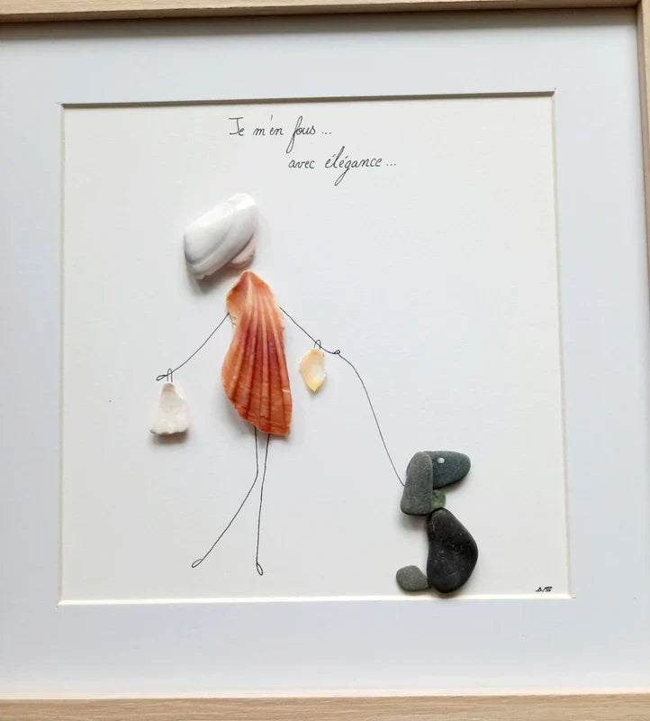 Quadro in vetro di mare donna a passeggio col cane, 22x22 cm, opera di Benedicte Jason