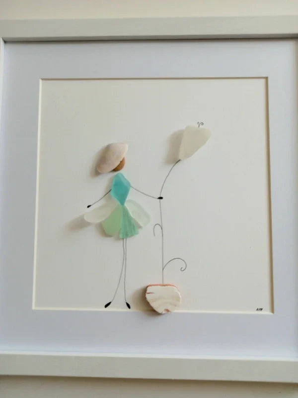 Quadro in vetro di mare bambina col palloncino, 22x22 cm, opera di Benedicte Jason