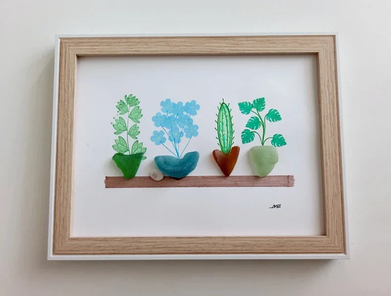 Quadro in vetro di mare con quattro piante in vaso, 21x27 cm, vista laterale