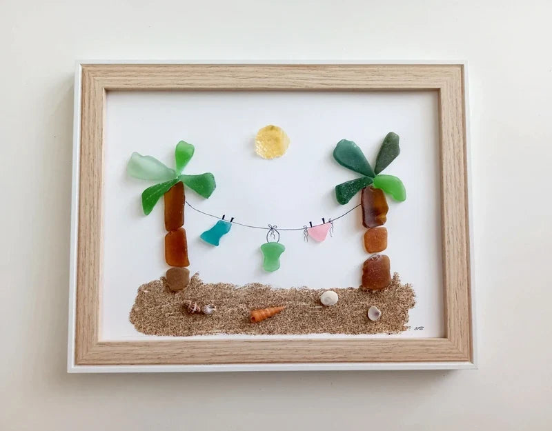 Quadro in vetro di mare con palme e bucato al sole, 22x22 cm, vista laterale