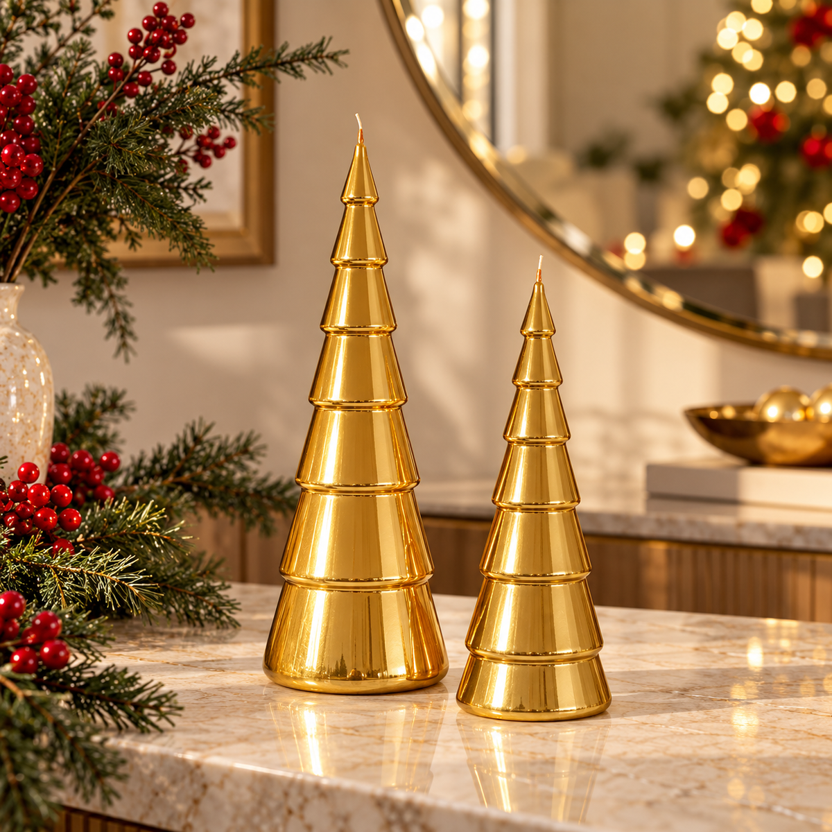 Due candele Ceralacca a forma di albero di Natale oro metallizzato con finitura lucida, alte 22 e 27 cm, su sfondo bianco.