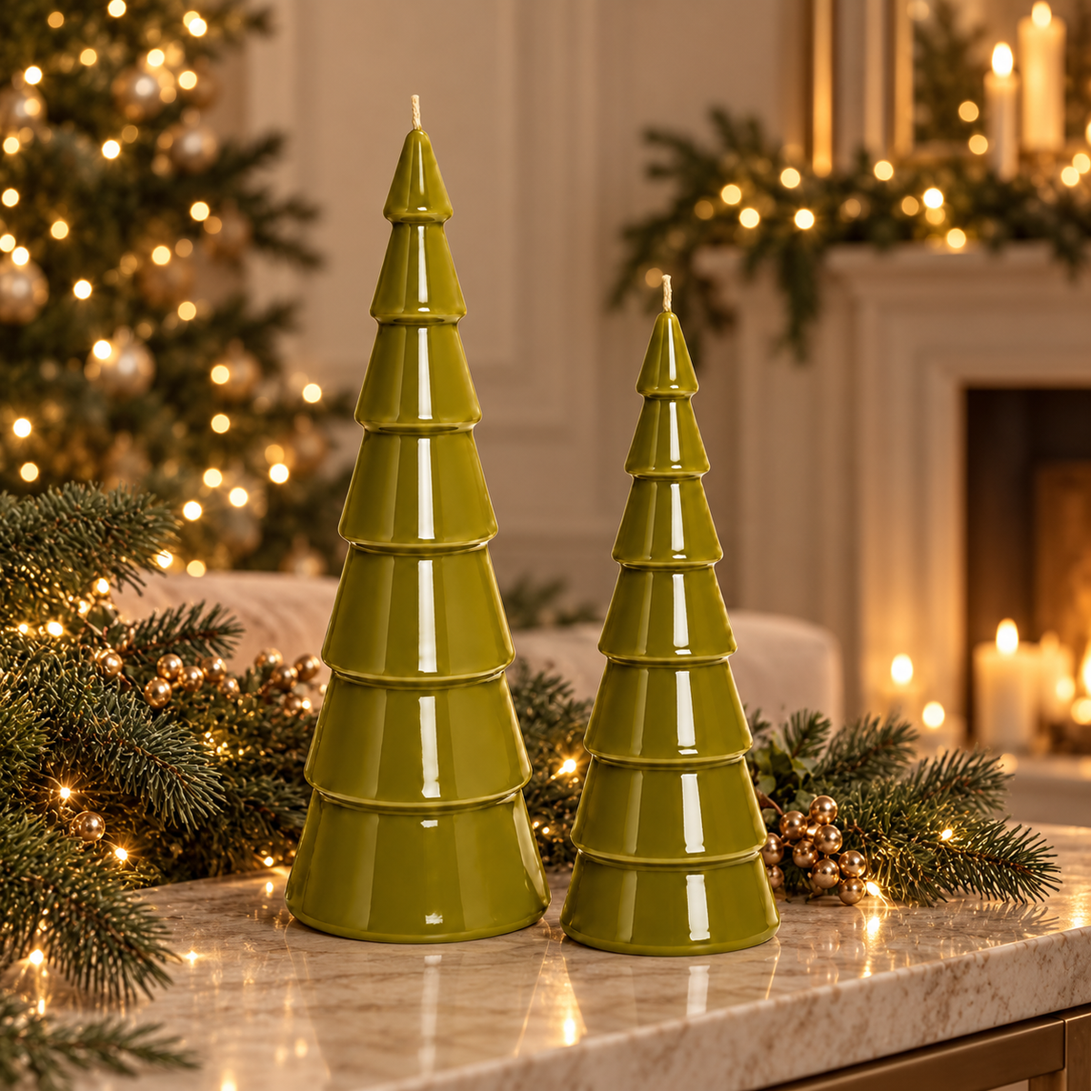 Due candele Albero di Natale Ceralacca verde oliva, nelle altezze di 22 e 27 cm, esposte su una consolle con abete e luci natalizie.