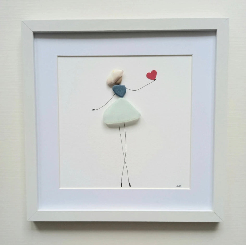 Quadro in vetro di mare donna col cuore rosso, 22x22 cm, opera di Benedicte Jason