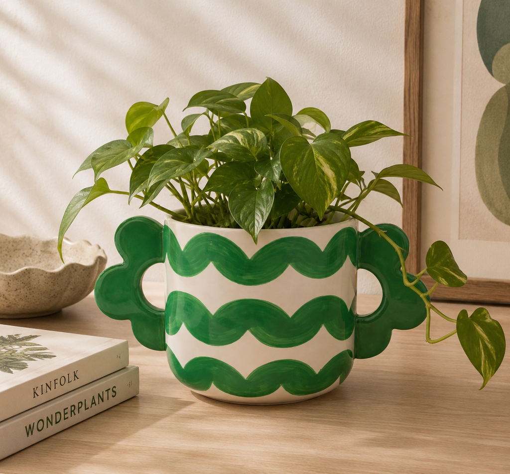 Sottovaso Jacinta Qué Rico in ceramica, vista laterale
