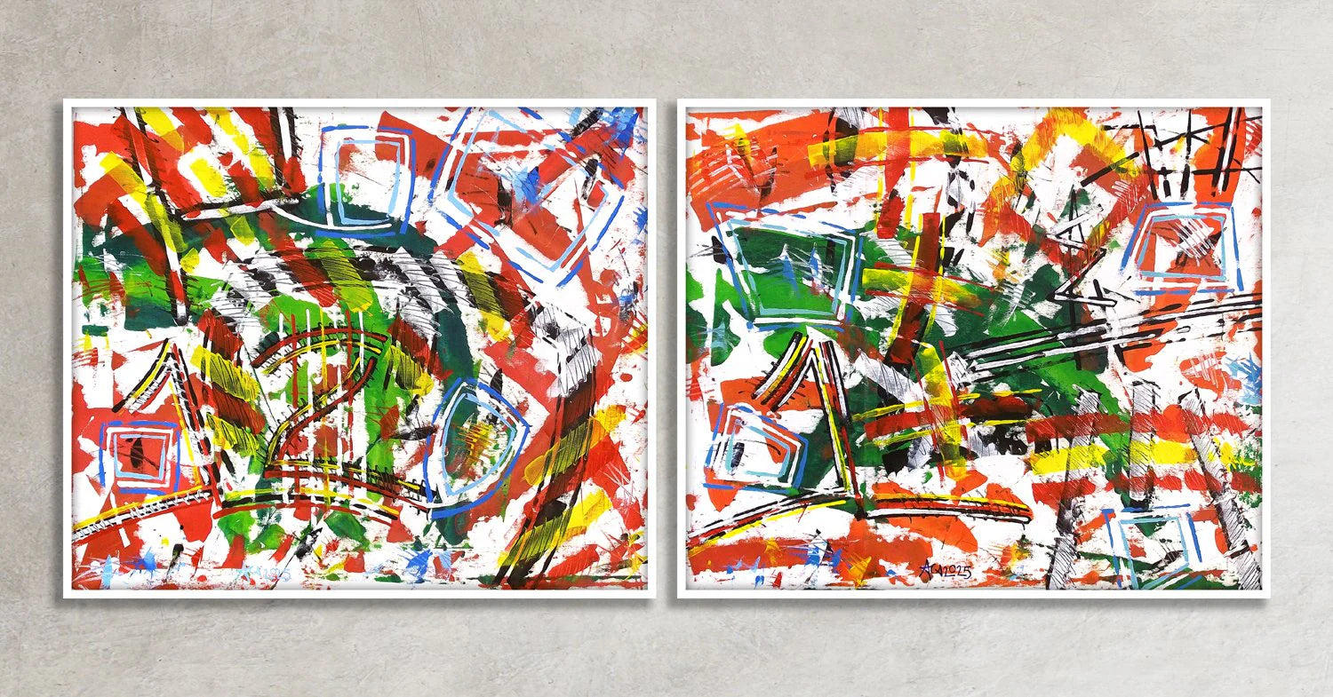 Due poster fine art colorati appoggiati alla parete