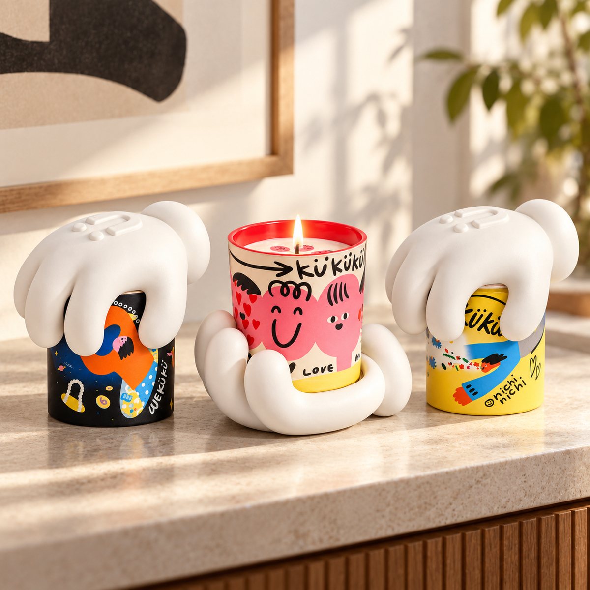 Tre candele profumate Speak Kindly, Mood e Fortune da 200 g, con supporti bianchi a forma di mano, esposte insieme su una consolle in un ambiente contemporaneo.