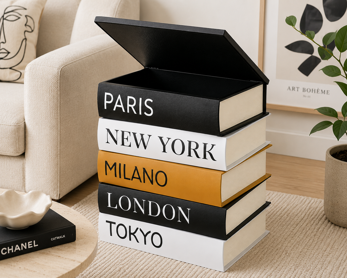Tavolino contenitore a forma di libri Balvi, vista dall’alto