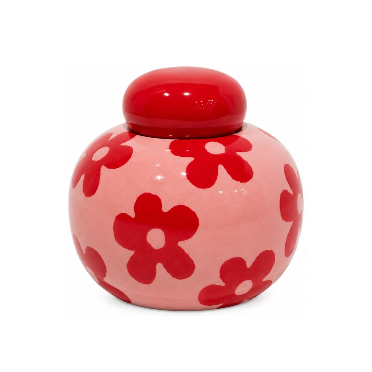Barattolo Simona Fiori di Qué Rico in ceramica rosa lucida, con decorazioni floreali rosse e coperchio bombato rosso, su sfondo bianco.