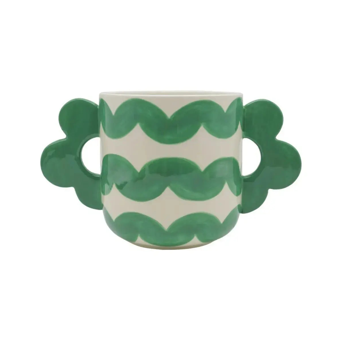 Cachepot Jacinta Wavy Rumba di Qué Rico in ceramica crema con onde verdi e manici laterali a forma di fiore, su fondo bianco.