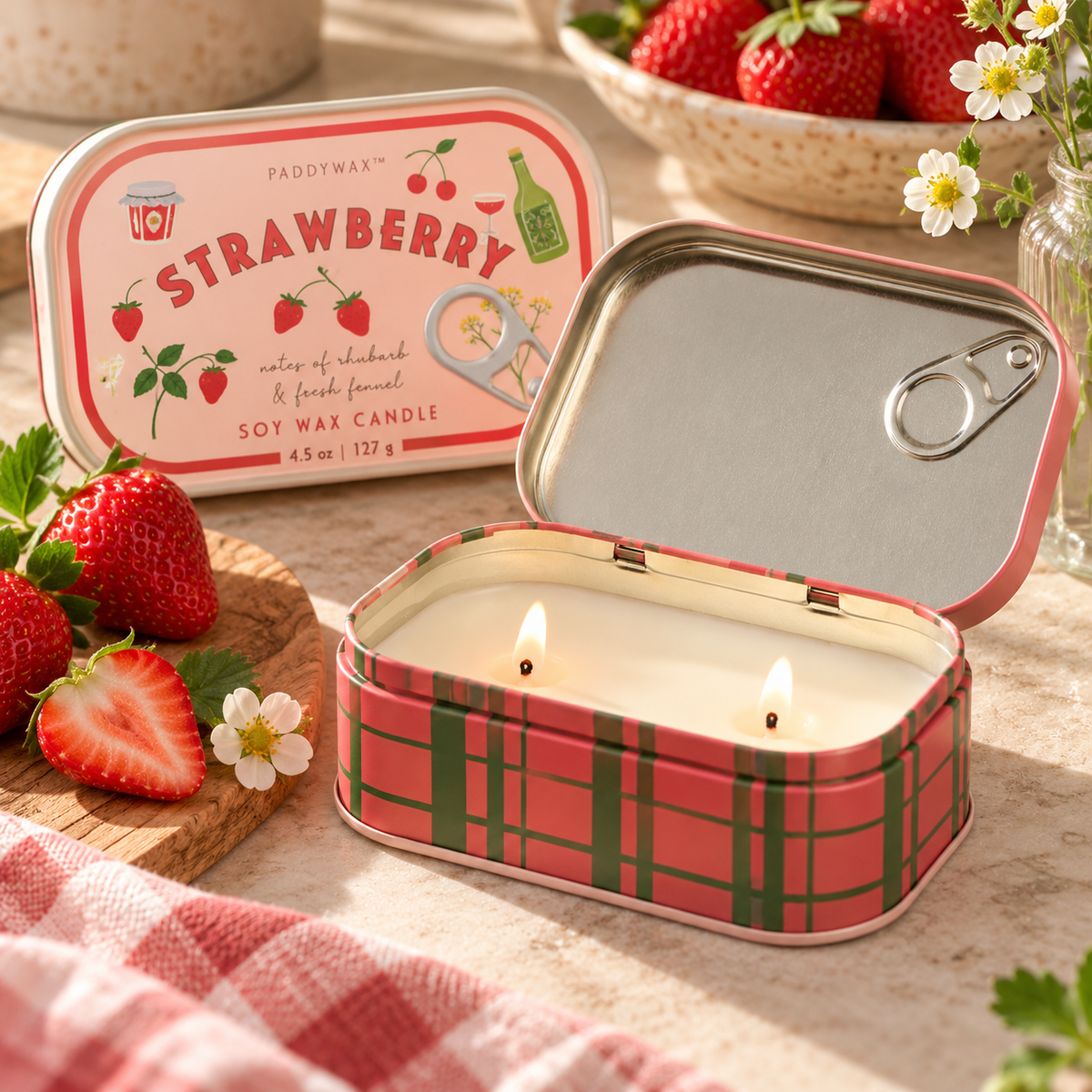 Candela Paddywax Strawberry aperta e accesa con due stoppini, in lattina rosa e verde a quadri, ambientata accanto a fragole fresche e fiori.