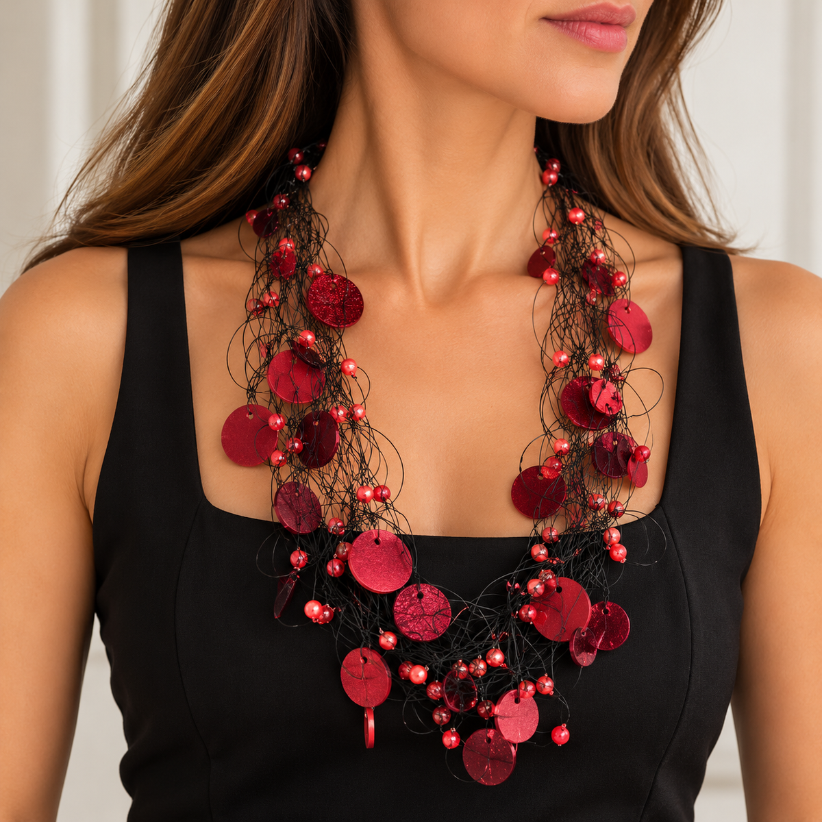 Collana Nube Perle Cristalli e Cerchi rossa indossata su abito nero, con cerchi in pelle e sfere effetto cristallo.