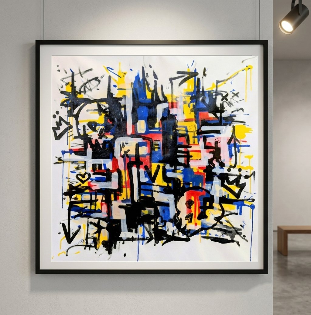 Quadro Street Art "Untamed Lines" di Omhie, 90 x 90 cm, vista laterale