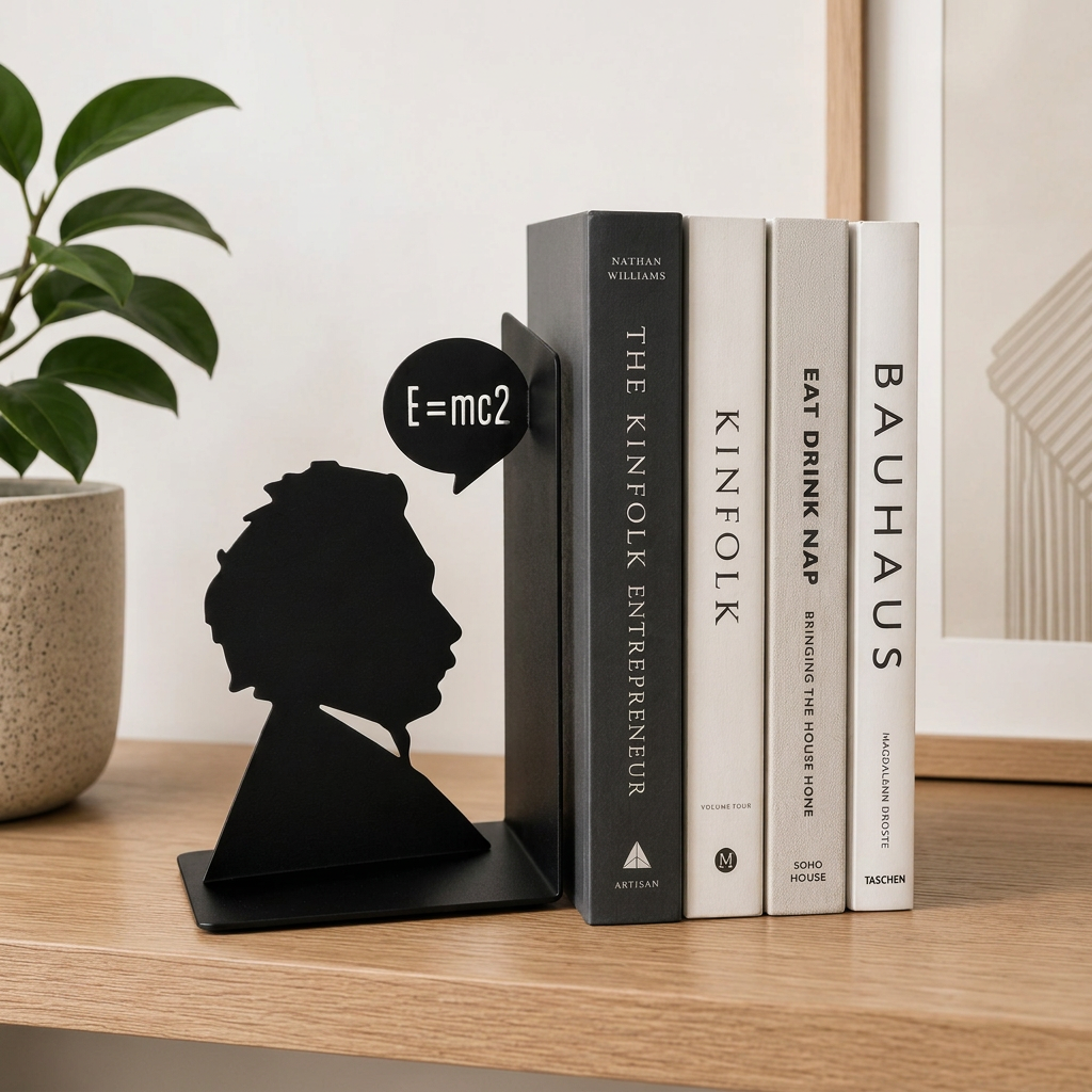 Fermalibri Einstein Balvi nero con silhouette e formula E=mc², utilizzato per sostenere libri su una mensola in legno in un interno moderno.